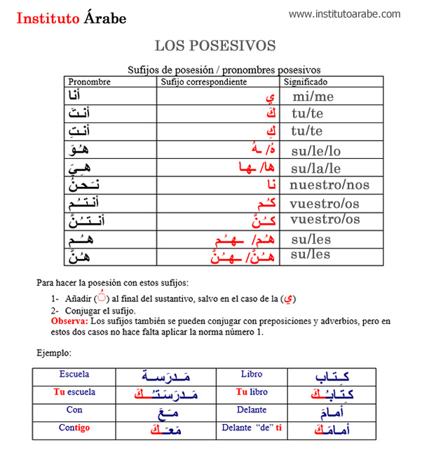 posesvos en arabe